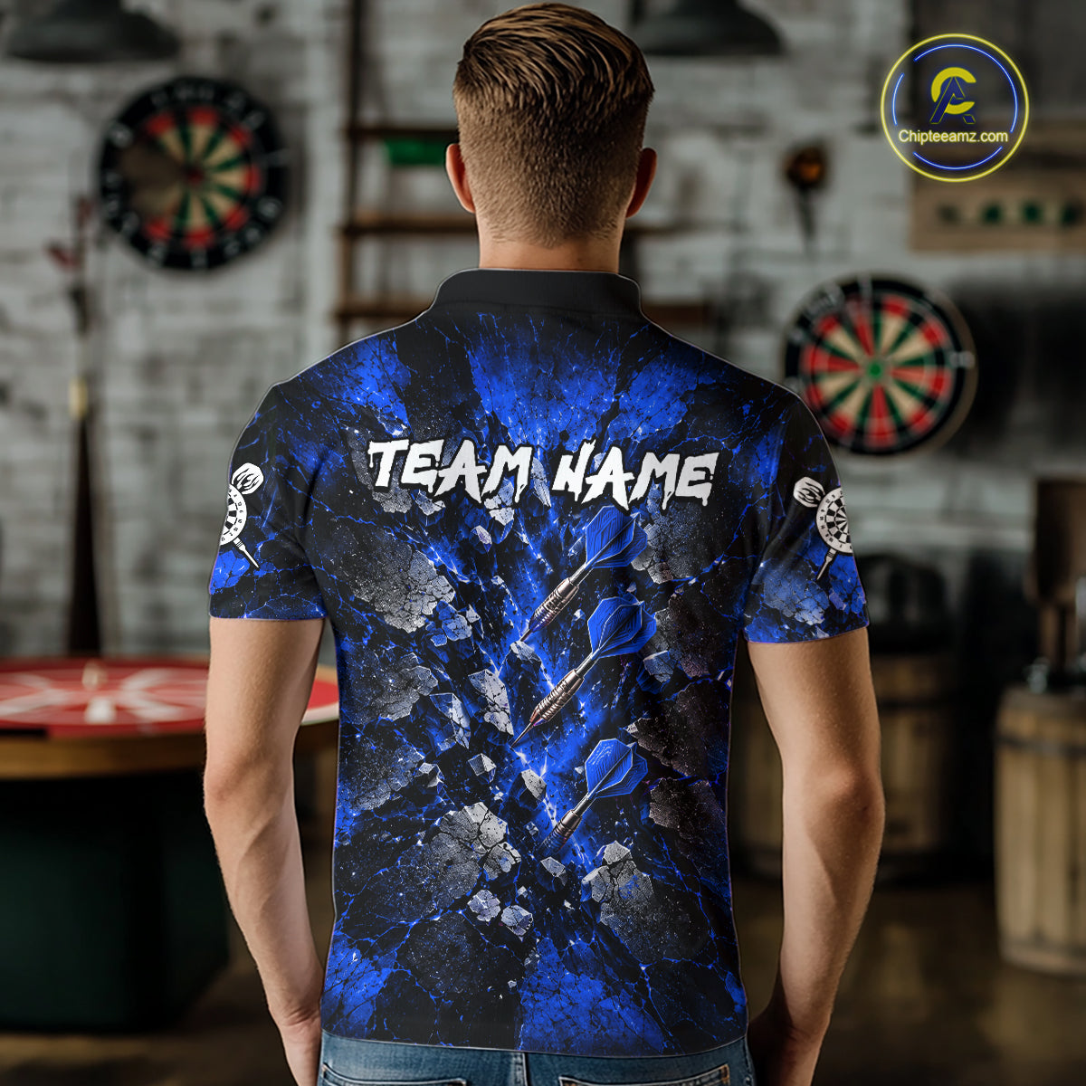 Blue Lightning Darts Polo Shirt For Men Custom Crack Rock Dartboard Team Tournament Jersey NHT1715