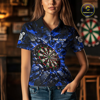 Blue Lightning Darts Polo Shirt For Women Custom Crack Rock Dartboard Team Tournament Jersey NHT1715