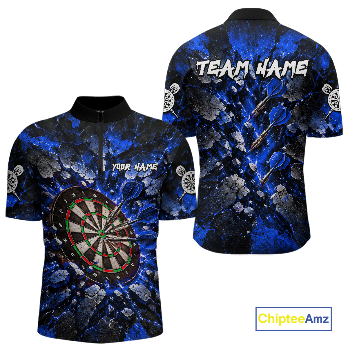 Blue Lightning Darts Polo Shirt For Men Custom Crack Rock Dartboard Team Tournament Jersey NHT1715