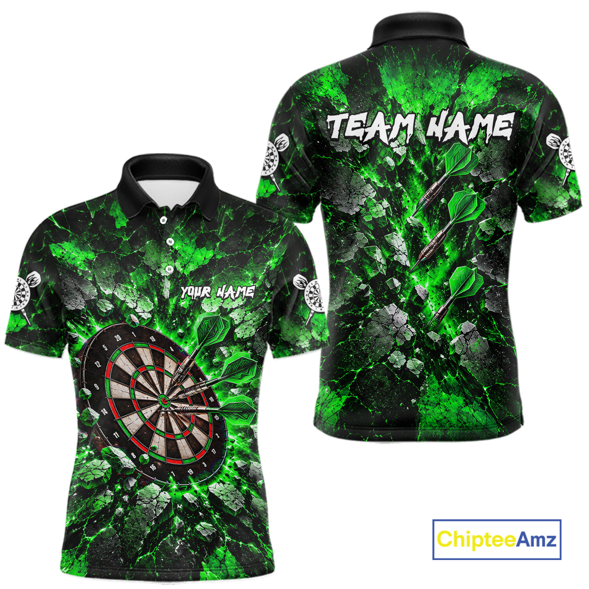 Green Lightning Darts Polo Shirt For Men Custom Crack Rock Dartboard Team Tournament Jersey NHT1716