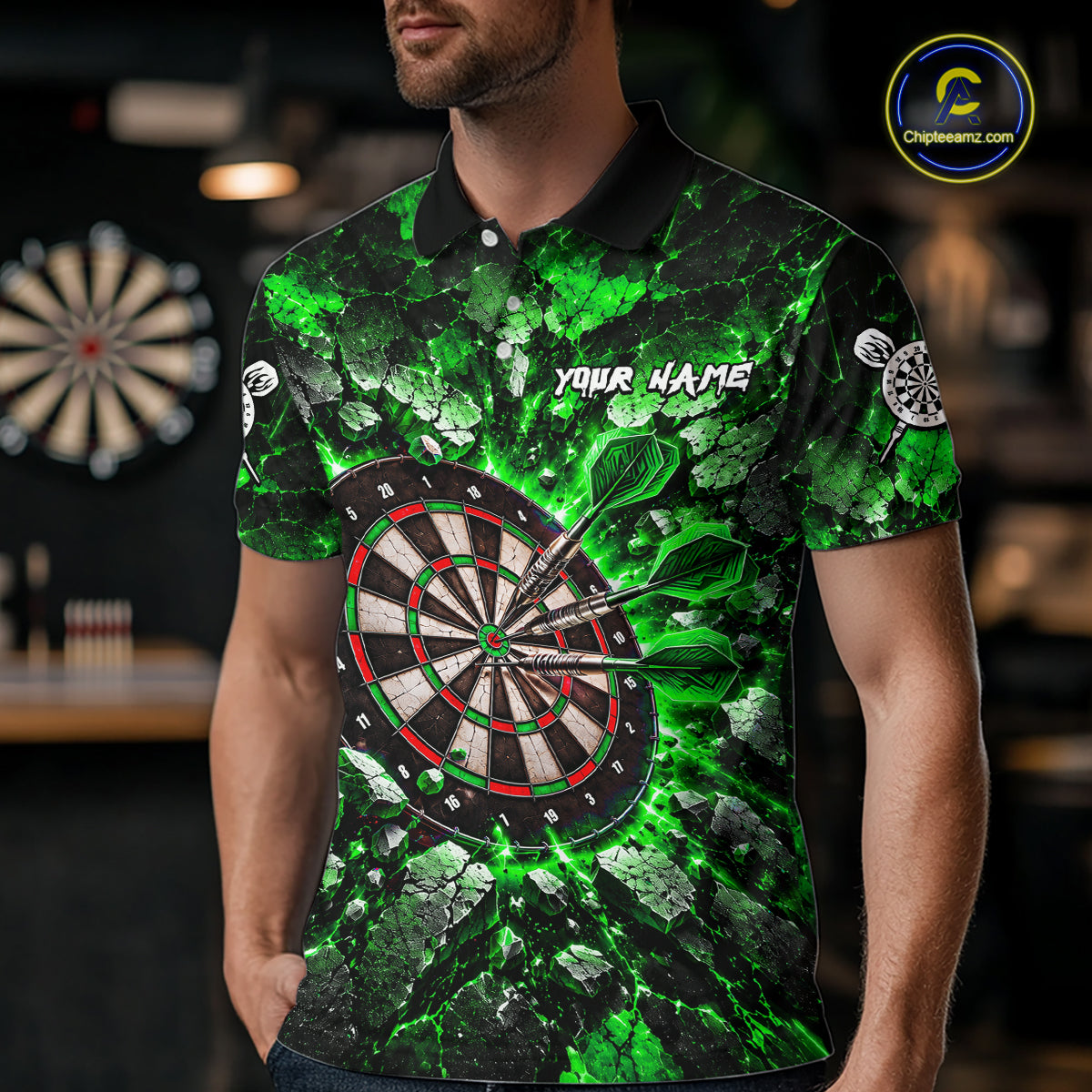 Green Lightning Darts Polo Shirt For Men Custom Crack Rock Dartboard Team Tournament Jersey NHT1716