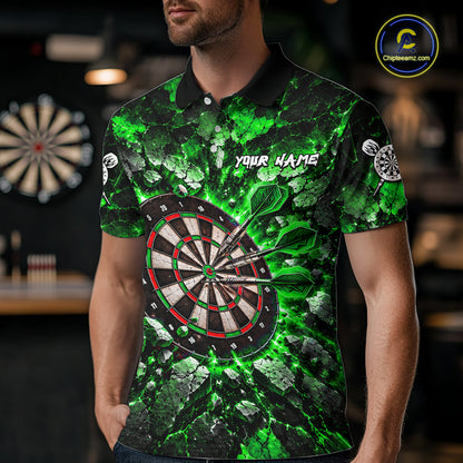 Green Lightning Darts Polo Shirt For Men Custom Crack Rock Dartboard Team Tournament Jersey NHT1716