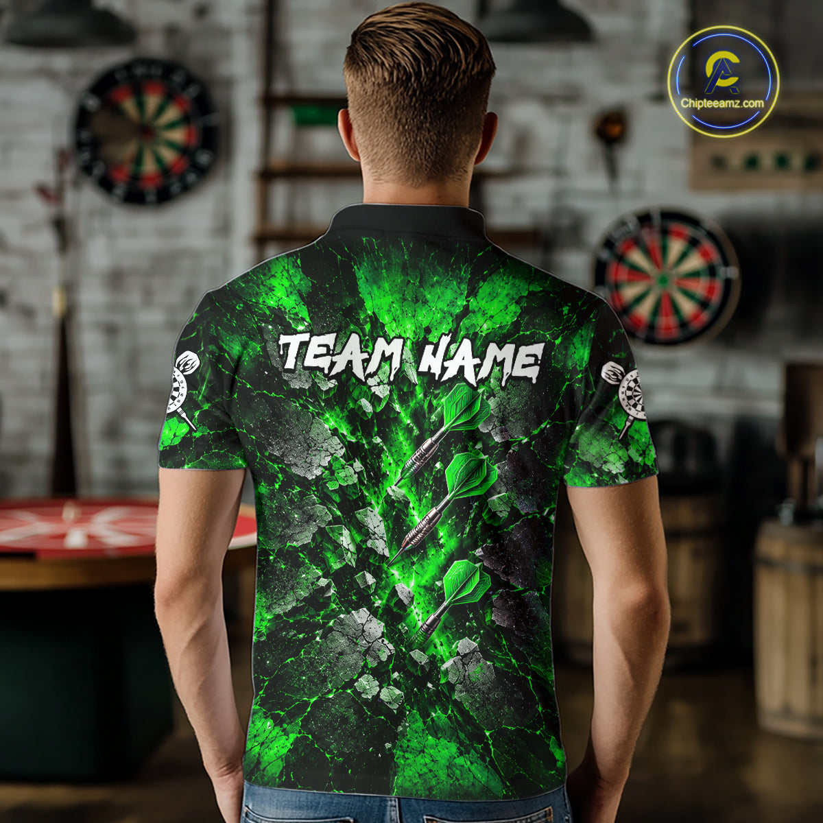 Green Lightning Darts Polo Shirt For Men Custom Crack Rock Dartboard Team Tournament Jersey NHT1716