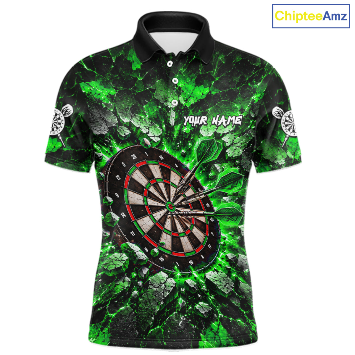 Green Lightning Darts Polo Shirt For Men Custom Crack Rock Dartboard Team Tournament Jersey NHT1716