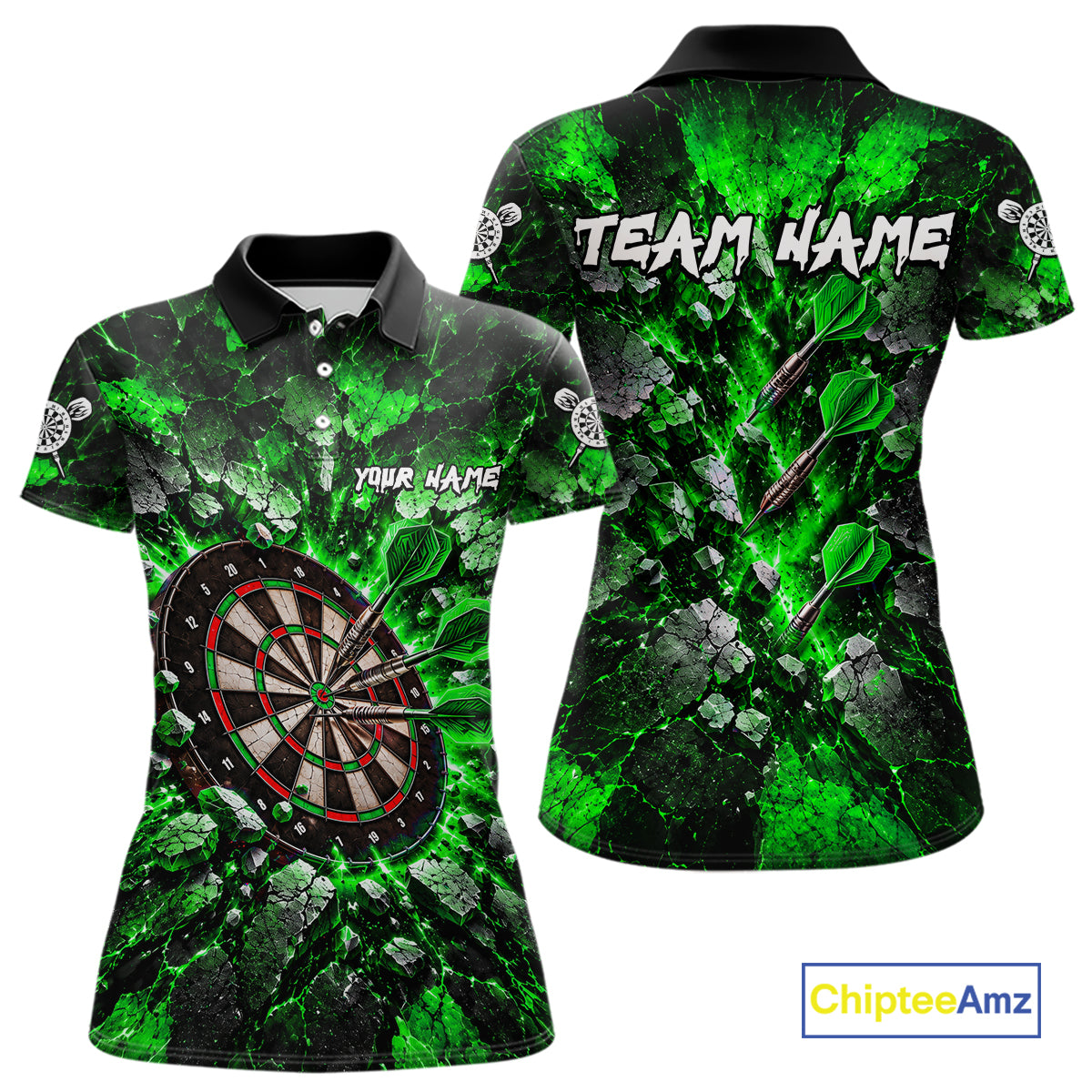 Green Lightning Darts Polo Shirt For Women Custom Crack Rock Dartboard Team Tournament Jersey NHT1716