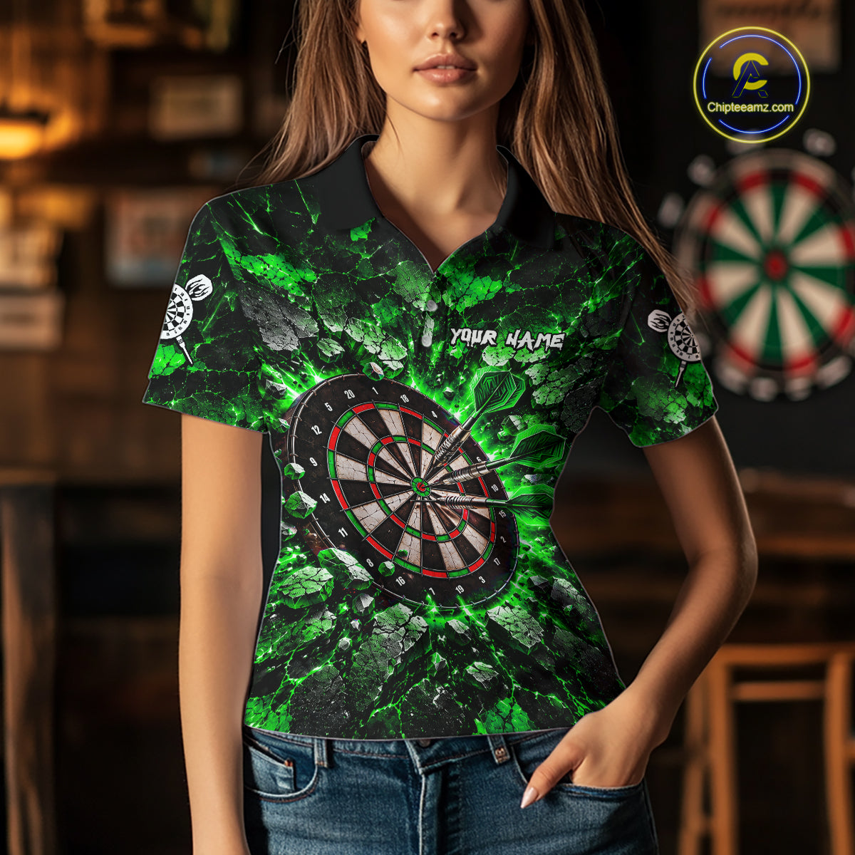 Green Lightning Darts Polo Shirt For Women Custom Crack Rock Dartboard Team Tournament Jersey NHT1716