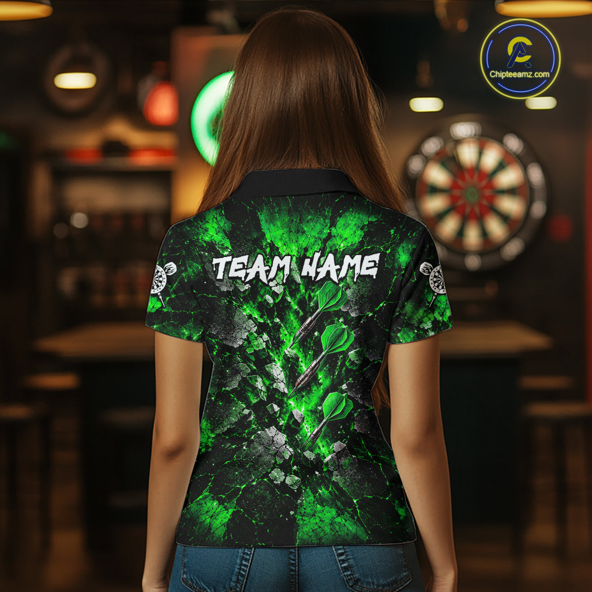 Green Lightning Darts Polo Shirt For Women Custom Crack Rock Dartboard Team Tournament Jersey NHT1716