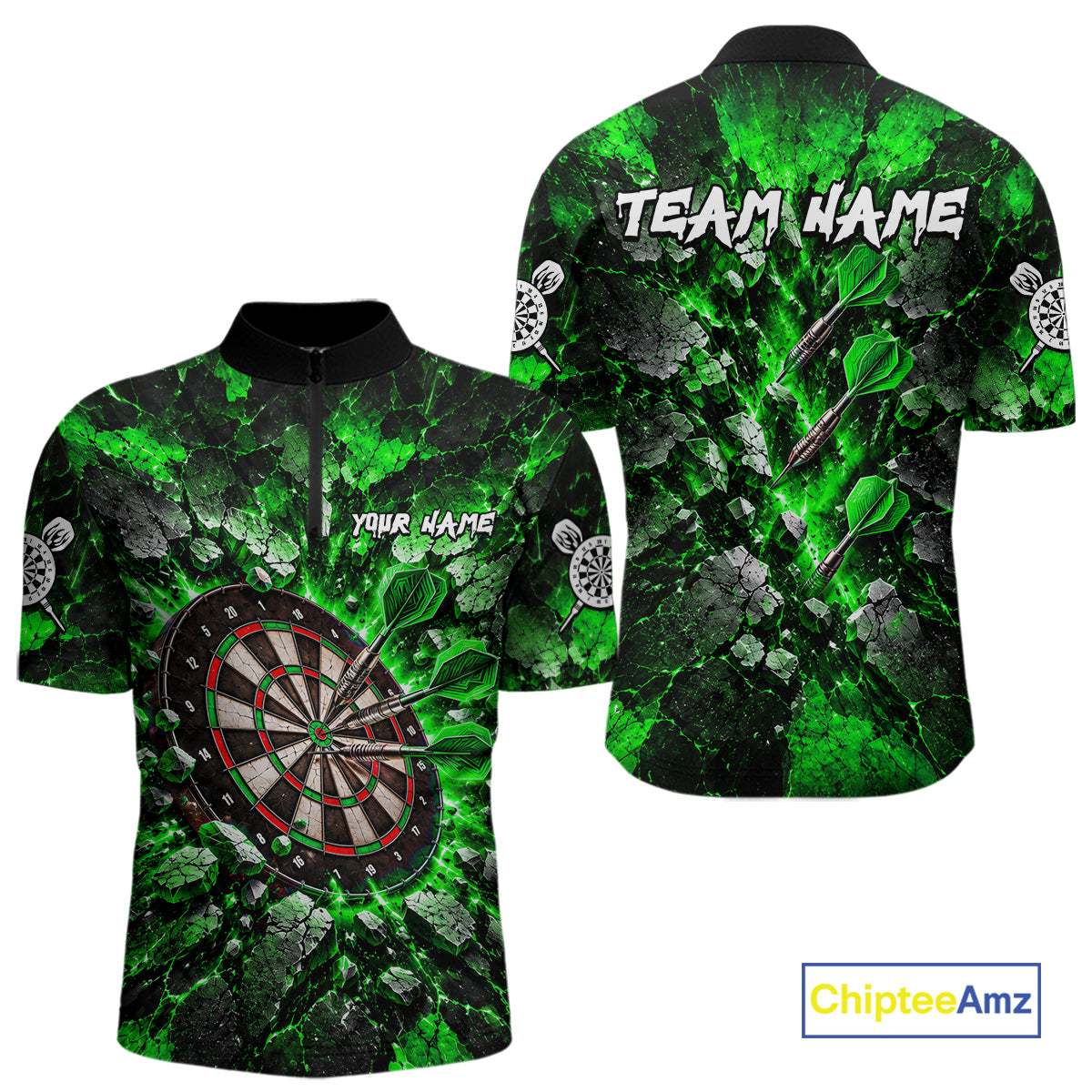 Green Lightning Darts Polo Shirt For Men Custom Crack Rock Dartboard Team Tournament Jersey NHT1716