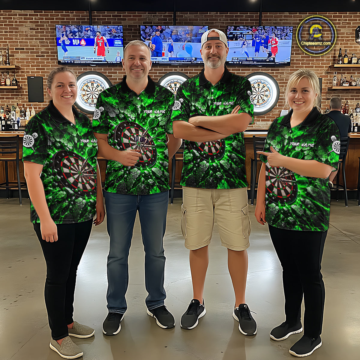 Green Lightning Darts Polo Shirt For Men Custom Crack Rock Dartboard Team Tournament Jersey NHT1716