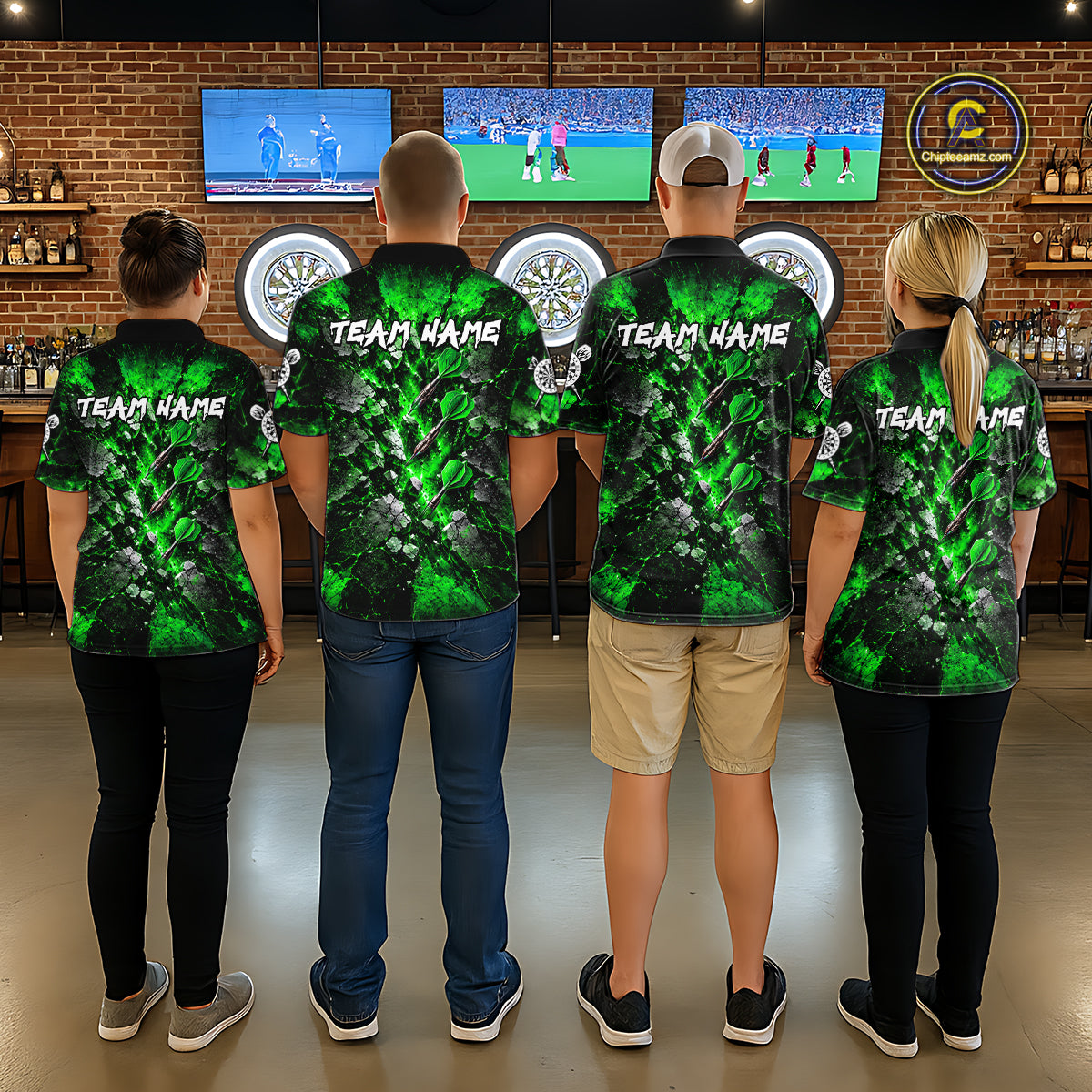 Green Lightning Darts Polo Shirt For Men Custom Crack Rock Dartboard Team Tournament Jersey NHT1716