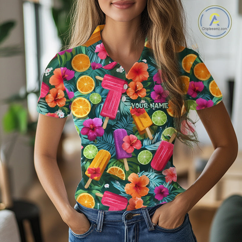 Womens Golf Polo Shirt Tropical Popsicle Paradise Pattern Tropical Leaves Custom Name, Womens Golf Shirt NHT539