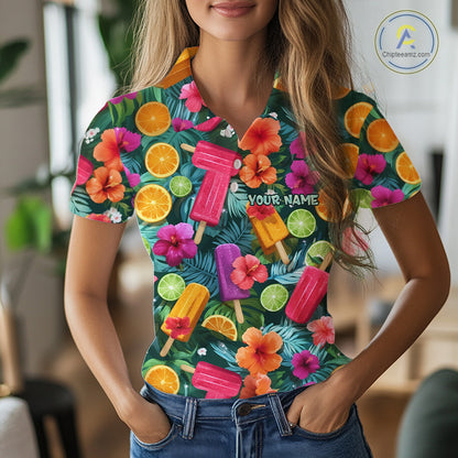 Womens Golf Polo Shirt Tropical Popsicle Paradise Pattern Tropical Leaves Custom Name, Womens Golf Shirt NHT539