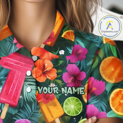 Womens Golf Polo Shirt Tropical Popsicle Paradise Pattern Tropical Leaves Custom Name, Womens Golf Shirt NHT539