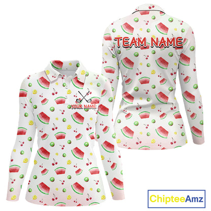 Funny Watermelon Pattern Womens Polo Shirt, Long Sleeve Golf Polo Shirt Custom Watermelon Pattern Team Golf Top NHT757