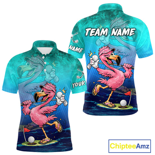 A custom printed short-sleeve polo shirt shown from both front and back views. The shirt features a vibrant graphic of a pink flamingo playing golf on a blue water-themed background, with customizable text placeholders 'TEAM NAME' and 'YOUR NAME'.