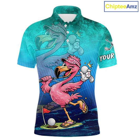 A short-sleeve polo shirt with a vibrant all-over print featuring a cartoon pink flamingo golfing, a blue flamingo in the background, and the text 'YOUR' on the sleeve. The ChipteeAmz logo is visible in the top right corner.