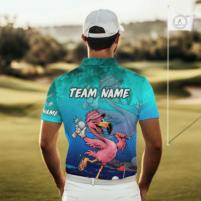 Personalized Flamingo Mens Golf Polo Shirt Custom Name And Team Teal Blue Funny Ocean Tropical Golf Outfit NHT1235