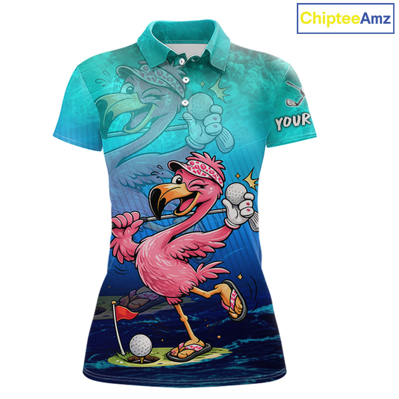 Personalized Flamingo Womens Golf Polo Shirt Custom Name And Team Teal Blue Funny Ocean Tropical Golf Outfit NHT1235