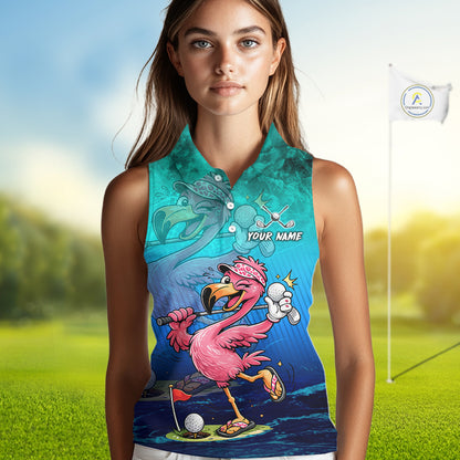 A woman modeling a sleeveless collared golf shirt with a colorful cartoon flamingo graphic and the text 'YOUR NAME' on the front, set against a blurred golf course background with a flag visible.