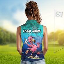 Load image into Gallery viewer, Personalized Flamingo Womens Sleeveless Golf Polo Shirt Custom Name And Team Teal Blue Funny Ocean Tropical Golf Outfit NHT1235