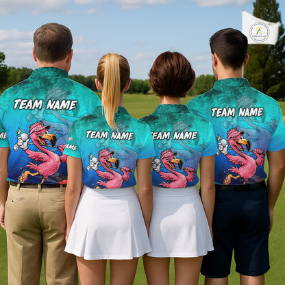 Personalized Flamingo Mens Golf Polo Shirt Custom Name And Team Teal Blue Funny Ocean Tropical Golf Outfit NHT1235