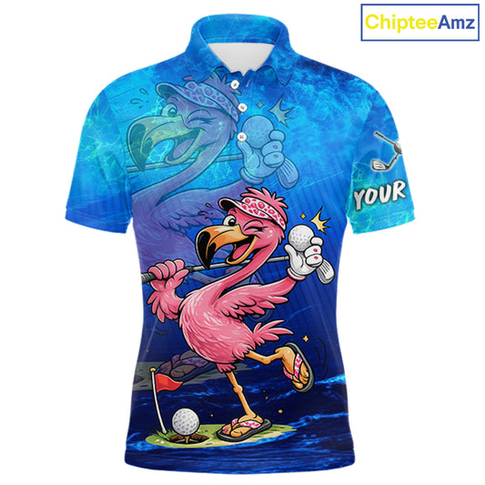 A short-sleeve polo shirt with a vibrant blue watercolor background and a cartoon flamingo golf character on the front. The shirt features a custom 'YOUR' graphic on the sleeve.