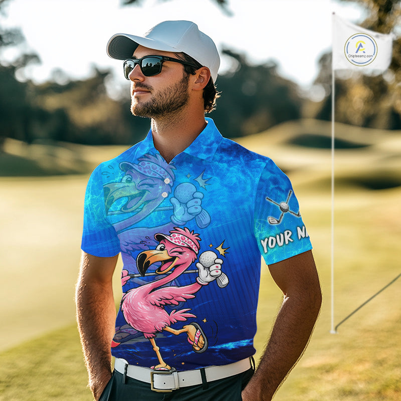 Personalized Flamingo Mens Golf Polo Shirt Custom Name And Team Royal Blue Funny Ocean Tropical Golf Outfit NHT1236