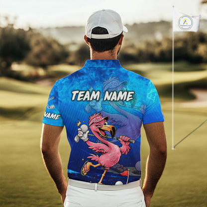 Personalized Flamingo Mens Golf Polo Shirt Custom Name And Team Royal Blue Funny Ocean Tropical Golf Outfit NHT1236