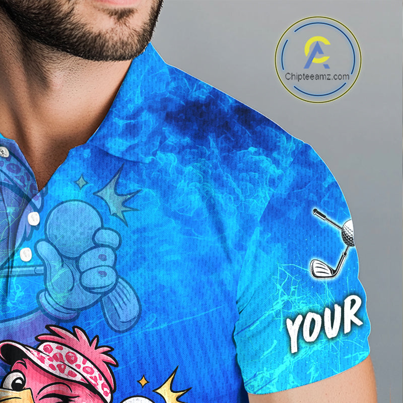 Personalized Flamingo Mens Golf Polo Shirt Custom Name And Team Royal Blue Funny Ocean Tropical Golf Outfit NHT1236