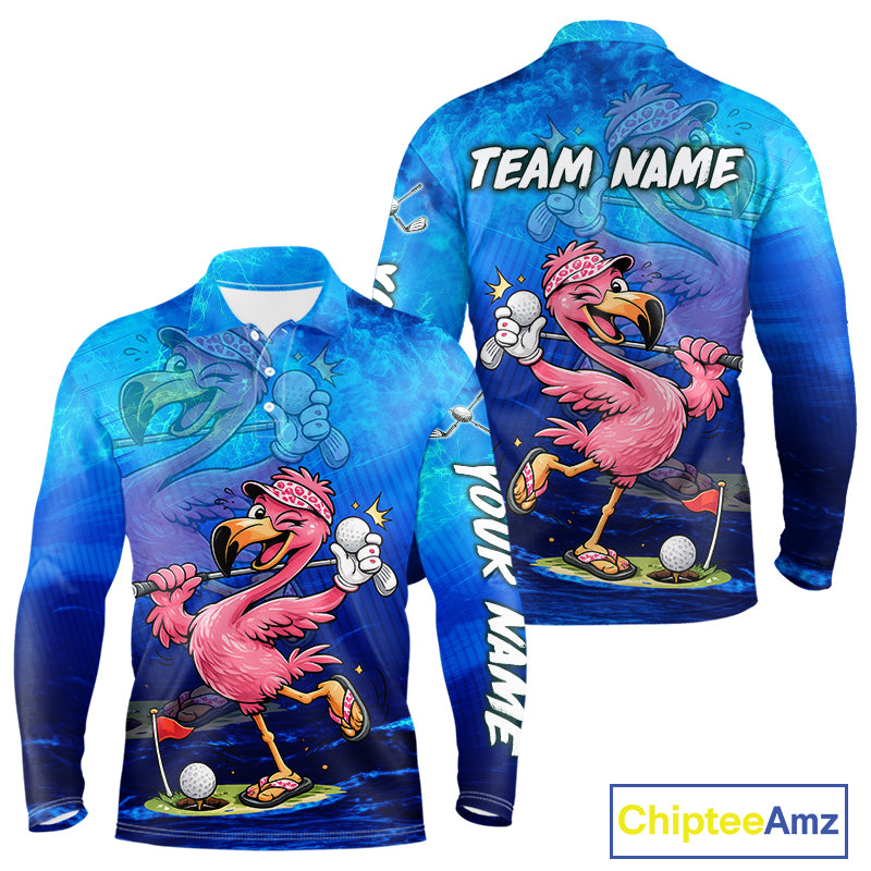 Personalized Flamingo Mens Golf Polo Shirt Custom Name And Team Royal Blue Funny Ocean Tropical Golf Outfit NHT1236