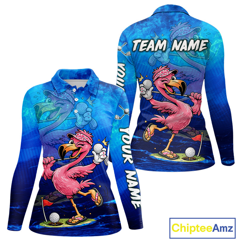 Personalized Flamingo Womens Golf Polo Shirt Custom Name And Team Royal Blue Funny Ocean Tropical Golf Outfit NHT1236
