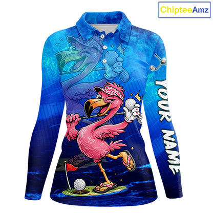 Personalized Flamingo Womens Golf Polo Shirt Custom Name And Team Royal Blue Funny Ocean Tropical Golf Outfit NHT1236