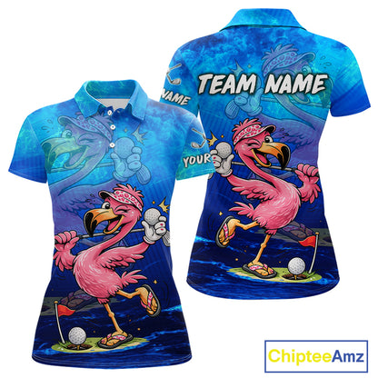 Personalized Flamingo Womens Golf Polo Shirt Custom Name And Team Royal Blue Funny Ocean Tropical Golf Outfit NHT1236