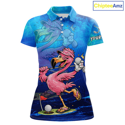 Personalized Flamingo Womens Golf Polo Shirt Custom Name And Team Royal Blue Funny Ocean Tropical Golf Outfit NHT1236