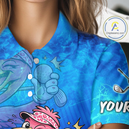 Personalized Flamingo Womens Golf Polo Shirt Custom Name And Team Royal Blue Funny Ocean Tropical Golf Outfit NHT1236