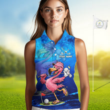 Load image into Gallery viewer, Personalized Flamingo Womens Sleeveless Golf Polo Shirt Custom Name And Team Royal Blue Funny Ocean Tropical Golf Outfit NHT1236