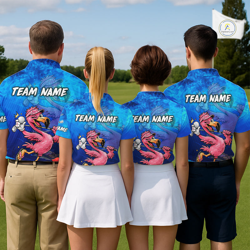 Personalized Flamingo Mens Golf Polo Shirt Custom Name And Team Royal Blue Funny Ocean Tropical Golf Outfit NHT1236