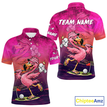 Personalized Flamingo Mens Golf Polo Shirt Custom Name And Team Hot Pink Funny Tropical Golf Outfit NHT1237