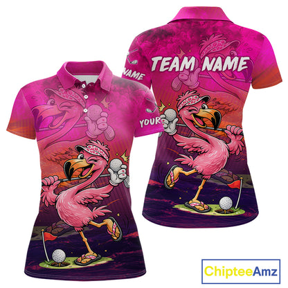 Personalized Flamingo Womens Golf Polo Shirt Custom Name And Team Hot Pink Funny Tropical Golf Outfit NHT1237