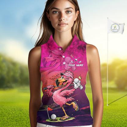 A woman modeling a sleeveless collared polo shirt with a vibrant pink flamingo golf graphic, set against a blurred golf course background with a flag.