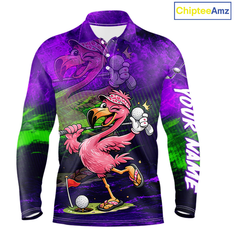 Personalized Flamingo Mens Golf Polo Shirt Custom Name And Team Purple Funny Tropical Golf Outfit NHT1238