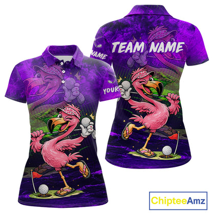 Personalized Flamingo Womens Golf Polo Shirt Custom Name And Team Purple Funny Tropical Golf Outfit NHT1238