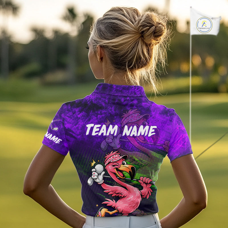Personalized Flamingo Womens Golf Polo Shirt Custom Name And Team Purple Funny Tropical Golf Outfit NHT1238