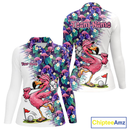 Funny Pink Flamingo Tropical Pattern Golf Polo Shirt Custom Golf Shirts For Womens NHT547