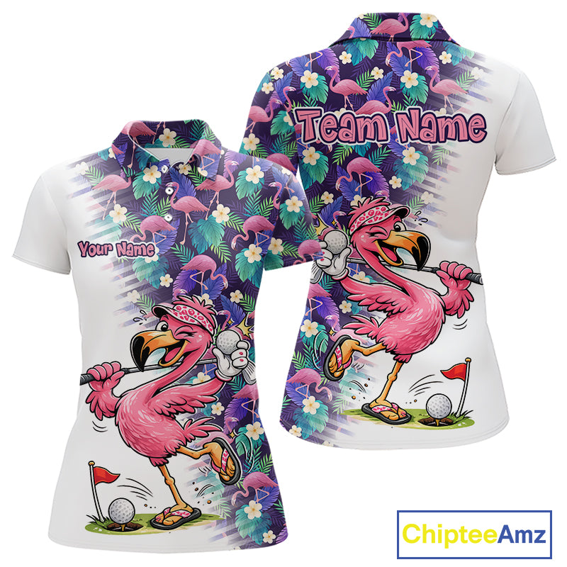 Funny Pink Flamingo Tropical Pattern Golf Polo Shirt Custom Golf Shirts For Womens NHT547