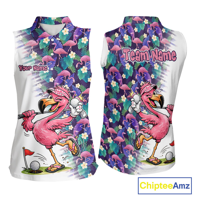 Funny Pink Flamingo Tropical Pattern Golf Womens Sleeveless Polo Shirt Custom Golf Shirts For Men NHT547