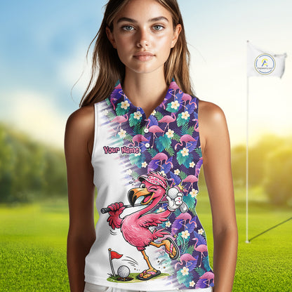 Funny Pink Flamingo Tropical Pattern Golf Womens Sleeveless Polo Shirt Custom Golf Shirts For Men NHT547