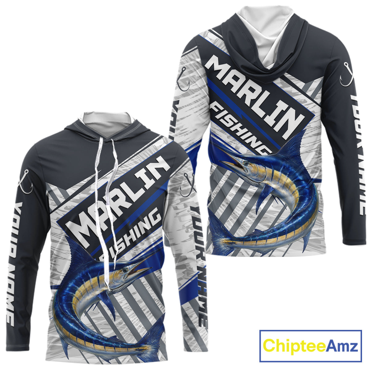 Personalized Marlin Fishing Jerseys For Fishing Team, Marlin Hooded Fishing Shirt Long Sleeve NHT919
