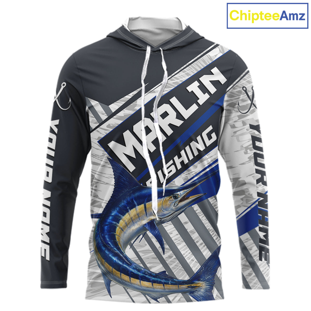 Personalized Marlin Fishing Jerseys For Fishing Team, Marlin Hooded Fishing Shirt Long Sleeve NHT919