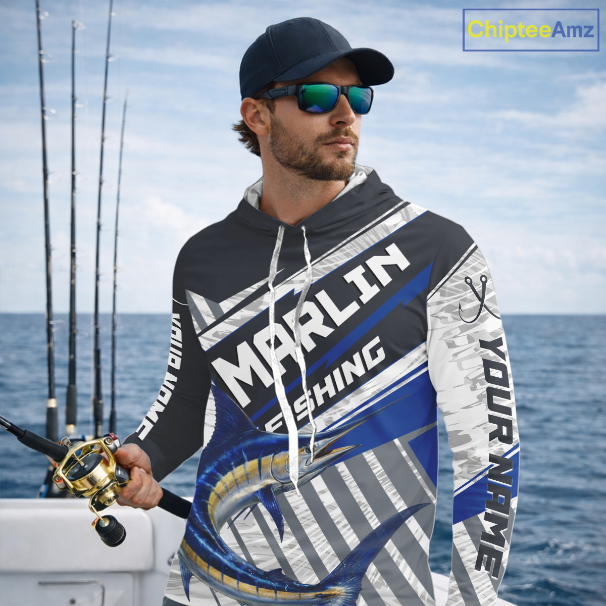 Personalized Marlin Fishing Jerseys For Fishing Team, Marlin Hooded Fishing Shirt Long Sleeve NHT919